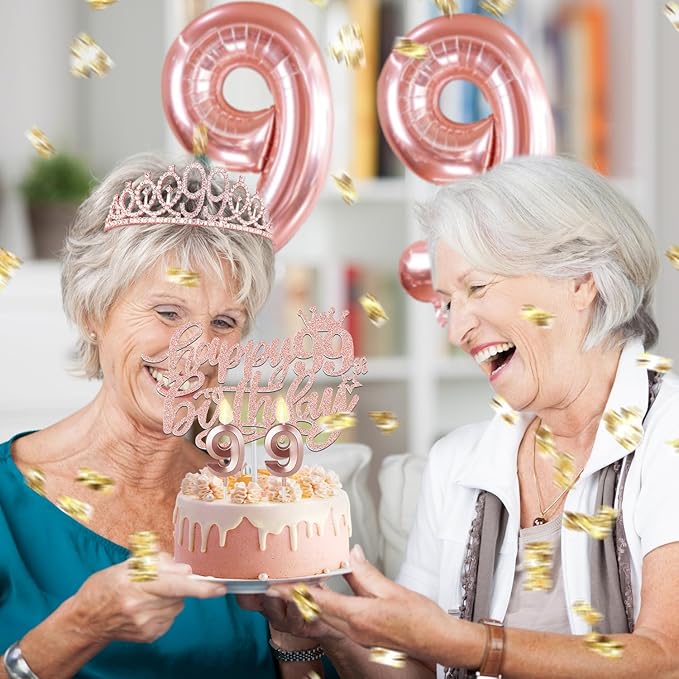 99th Birthday Decorations for Women with 99th Birthday Sash and Tiara, Cake Topper and Candles, Number Balloons, 99 Year Old Gifts for Women