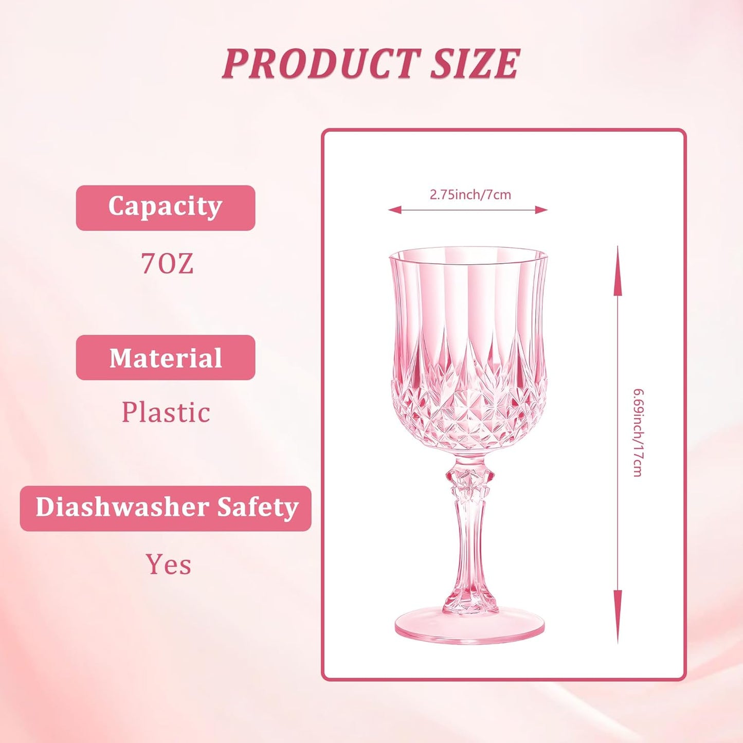 12PCS 7OZ Pink Wine Plastic Glasses, Drinking Champagne Glasses Flutes Crystal Vintage Water Unbreakable Goblets for Wedding, Parties