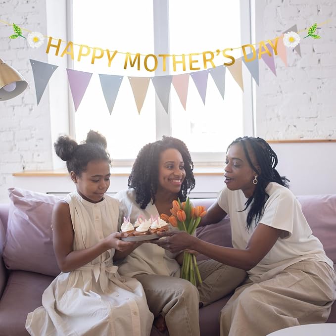 Happy Mother's Day Banner Set Decoration for Mother's Day Party Decorations Backdrop Garland for Mom Glitter Garland Photo Props (Gold Letter White Daisy)