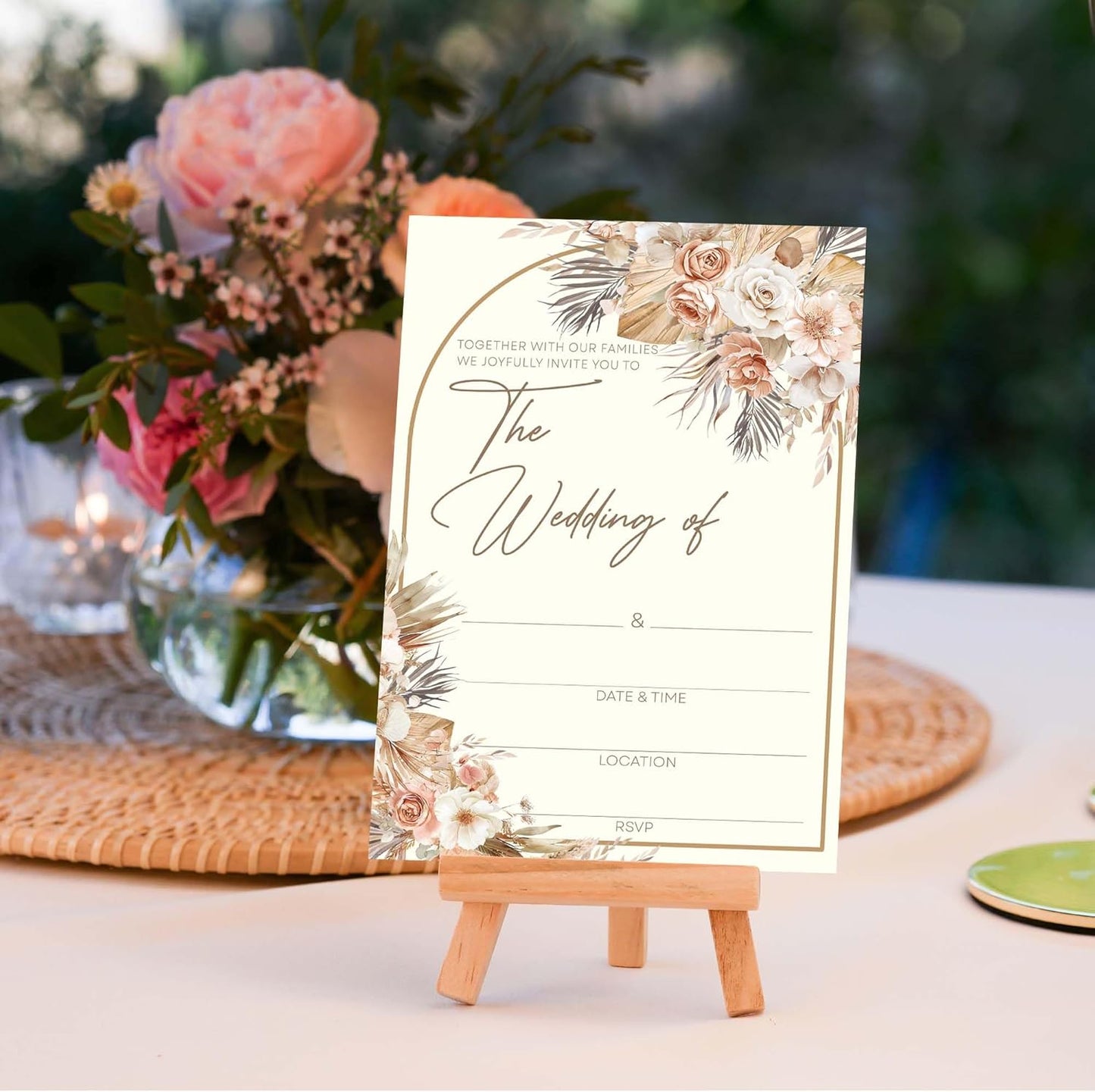 Wedding Invitations With Envelopes And RSVP Cards - Blank Boho Chic Terracotta Floral Wedding Card With Gold Arched Frame - Invitaciones Para Boda Personalizadas Set of 20(4 x 6 Inch)(009)