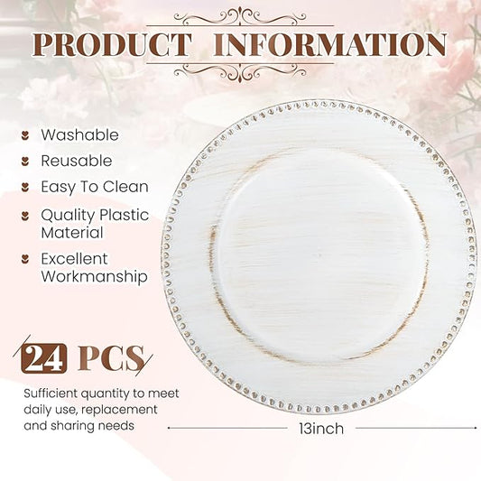 24 Pcs Vintage White Charger Plates Bulk, 13" Round Beaded Plate, Decorative Dinner Plastic Table Chargers for Wedding, Holiday Party, Baby Shower, Event Decoration