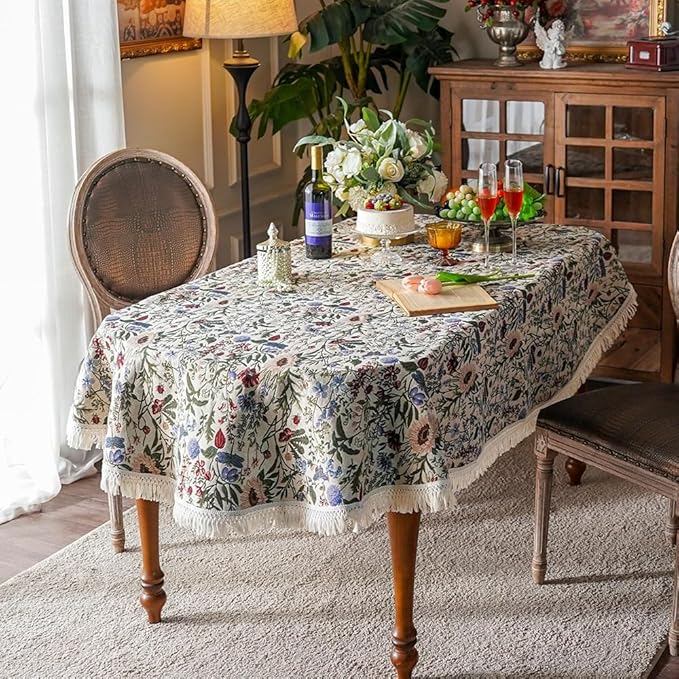 SUTAVIA French Floral Tablecloth Hand-Made Cotton Fabric with Lace Vintage Berry Garden Pattern Tabletop Sofa Cover Blanket for Home Holiday Party Decor (Red Floral, Oval, 52"x70")