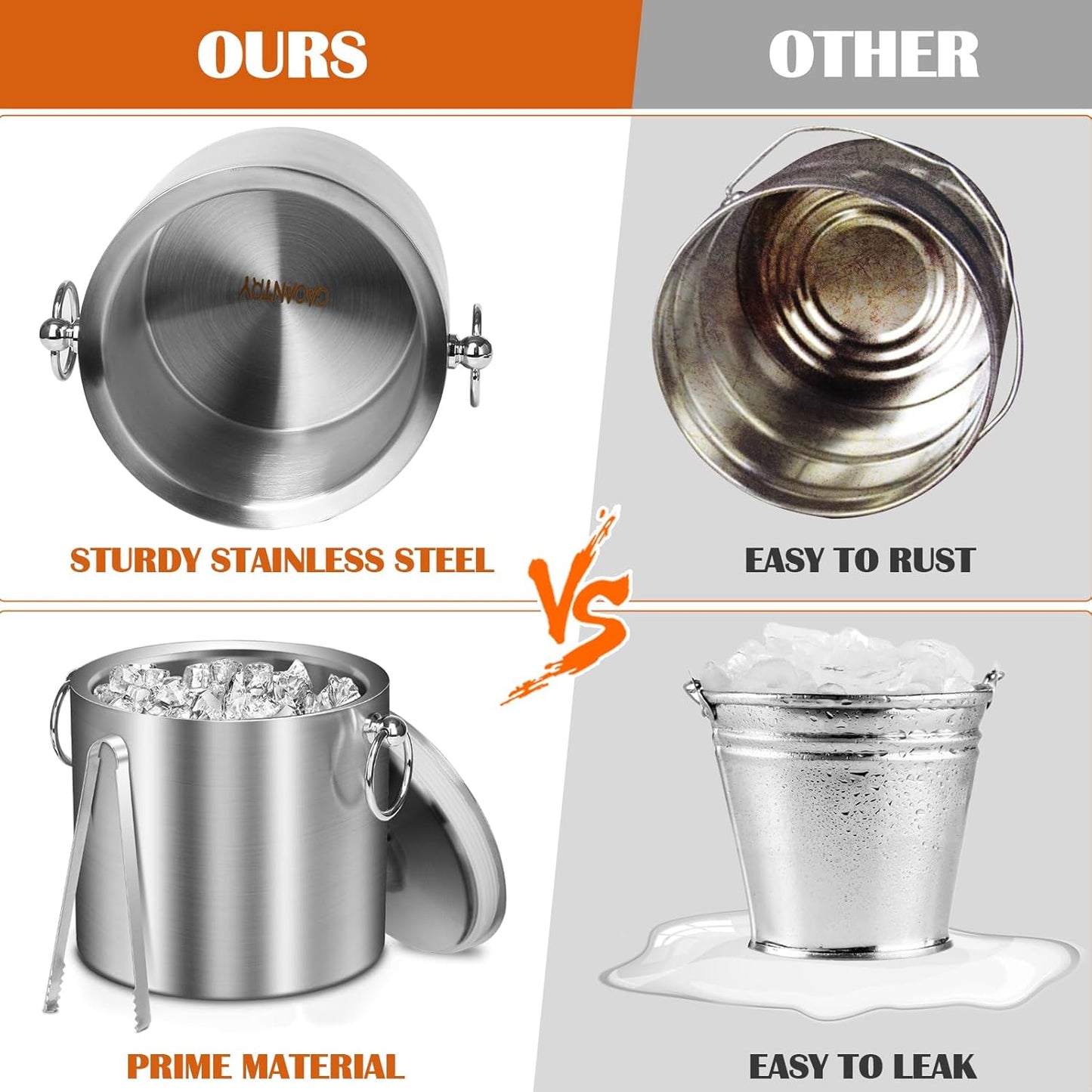 Ice Bucket with Lid & Tong- Well Made Insulated Stainless Steel Keep Ice Frozen Longer - Ideal for Cocktail Bar, Parties, Chilling Wine, Champagne - 3 Liter (Stainless Steel)