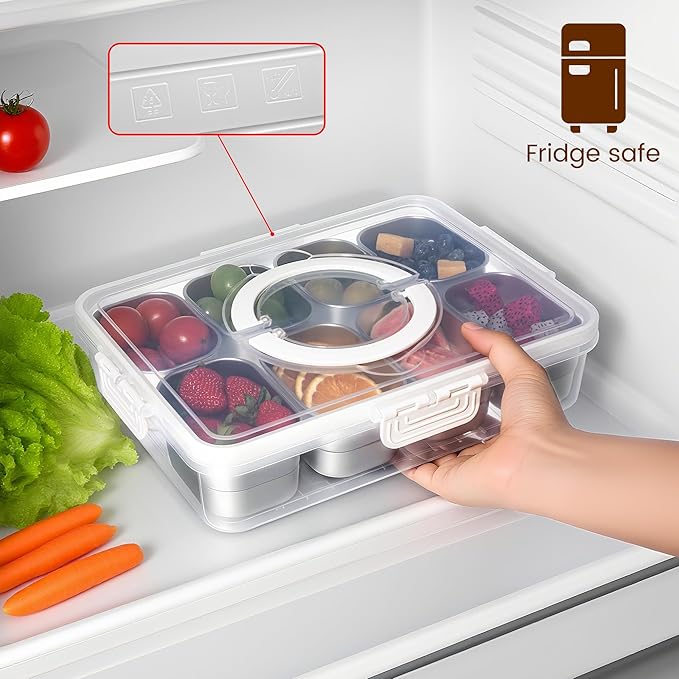 Stainless Steel Snackle Box Container with Lids and Handle, Dishwasher Safe - 8 Divider Portable Reusable Snacklebox,for Travel Beach for Charcuterie Veggie Fruit Candy