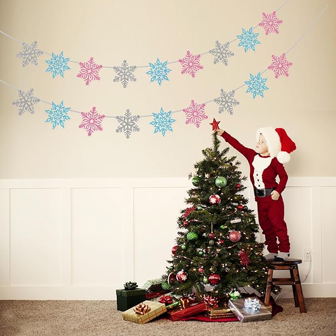 2 Pcs Silver Glitter Snowflake Banner, Snowflake Winter Party Decorations, Snowflake Garland Christmas Party Decorations (Pink)