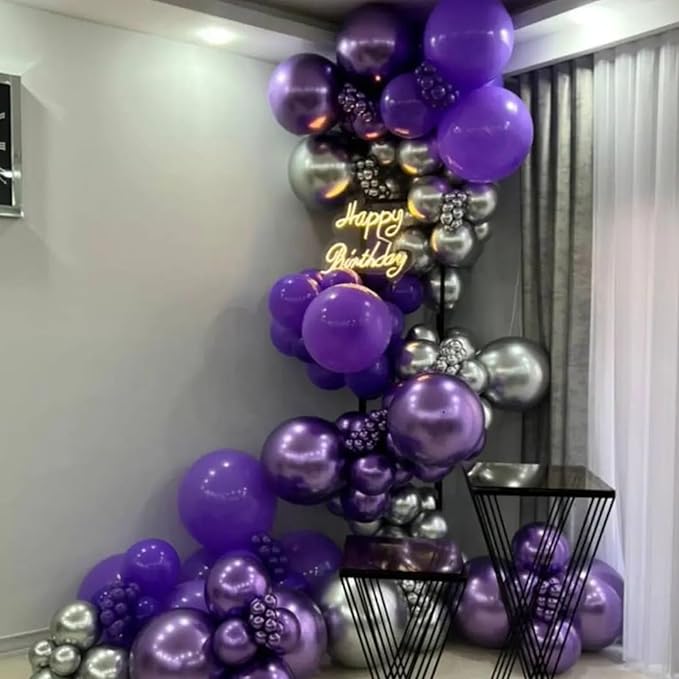 Purple Balloon Garland Arch Kit, 134PCS Purple and Silver Balloons with Different Size for Birthday, Wedding, Baby Shower Decorations