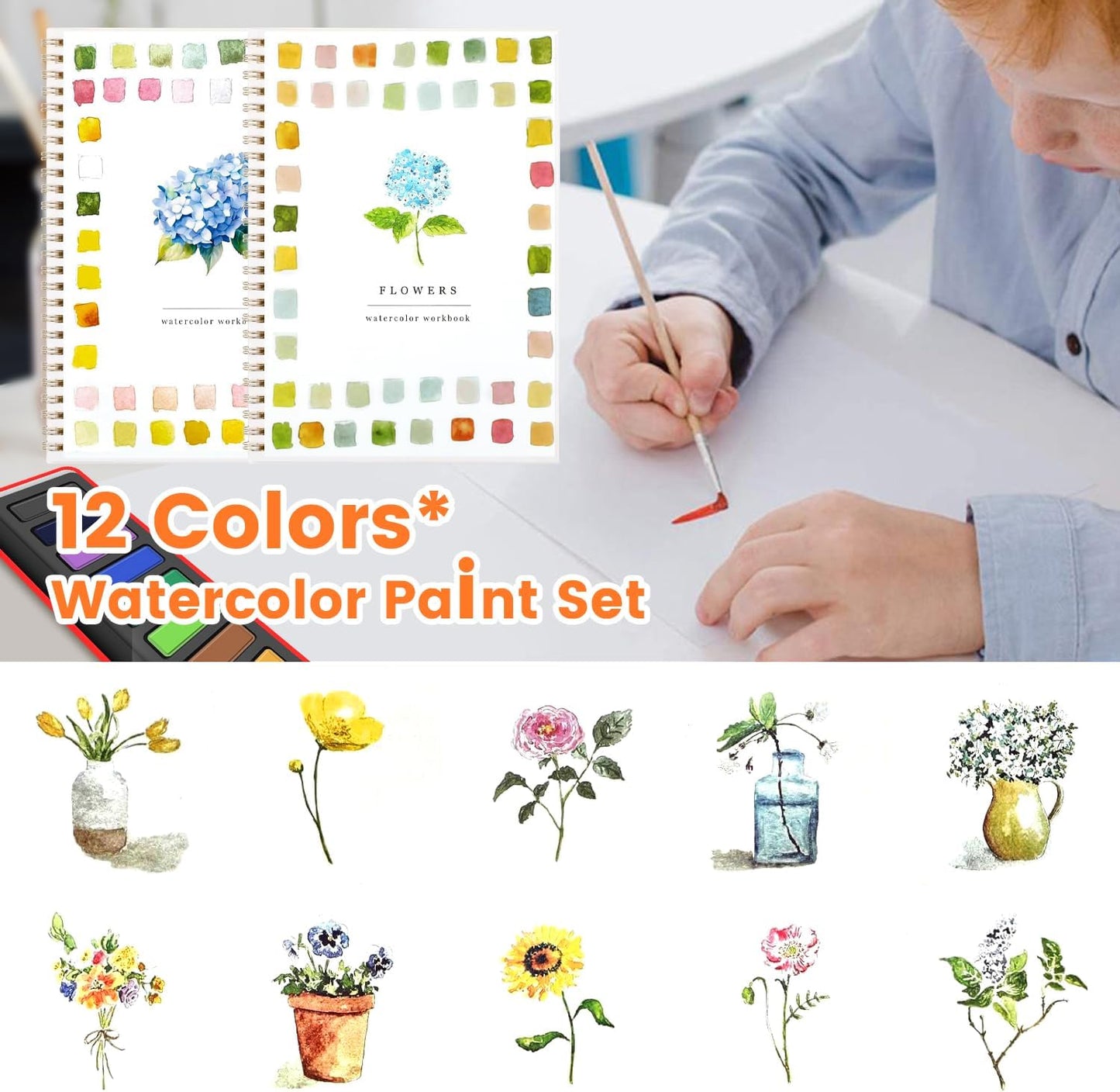 Watercolor Workbook, Water Coloring Book,Watercolor Paint Set, Beginner-Friendly Watercolor Workbooks, with 12 Colors Watercolor Paint Set with Paint Brush - Christmas Gift (Flower A)