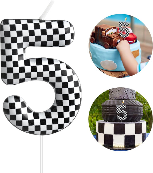 Racing Cars Themed Birthday Candle Number 5 Checkered Candle Birthday Party Decoration Cake Topper for Racing Car Party Decoration Theme Party Supplies (Number 5)