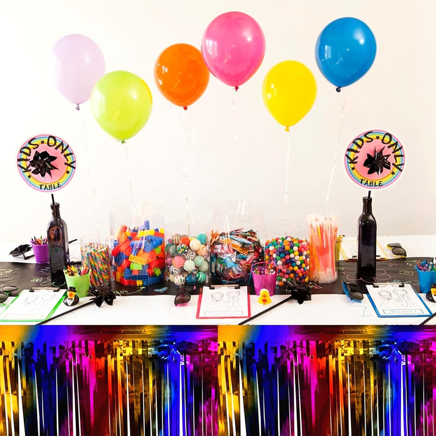 6 Pack 29x108 Inch Rainbow Metallic Foil Fringe Table Skirts Banner for Tinsel Streamer Garland Curtains Backdrop for Parade Floats Wedding Baby Shower Birthday Christmas Halloween Party Decoration
