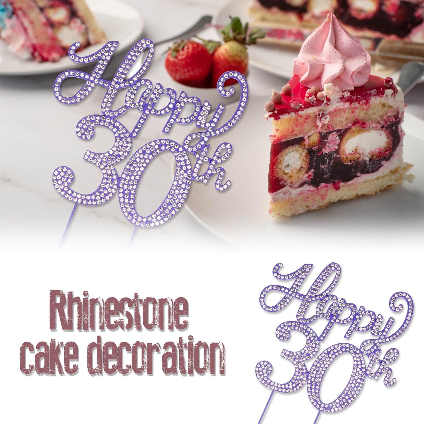 Happy 30th Birthday Purple Rhinestone Cake Topper - 30th Birthday/Anniversary,Cheers to Thirty Years Old Bday Party Metal Sparkly Centerpieces Decorations.