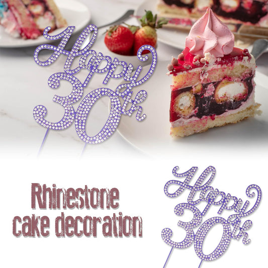 Happy 30th Birthday Purple Rhinestone Cake Topper - 30th Birthday/Anniversary,Cheers to Thirty Years Old Bday Party Metal Sparkly Centerpieces Decorations.