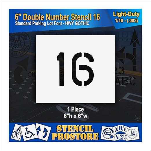 Pavement, Curb, and WheelStop Stencils - 6 inch Double Number Stencil - (16) - 6" x 6" x 1/16" (63 mil) - Light-Duty