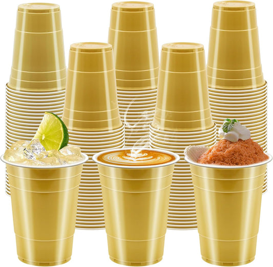 100 Pack 16 oz Gold Plastic Cups for Party, Heavy Duty Gold Disposable Cups Graduation Cups Bulk for Halloween Wedding Birthday Festive Celebrations Wine Beer Beverage