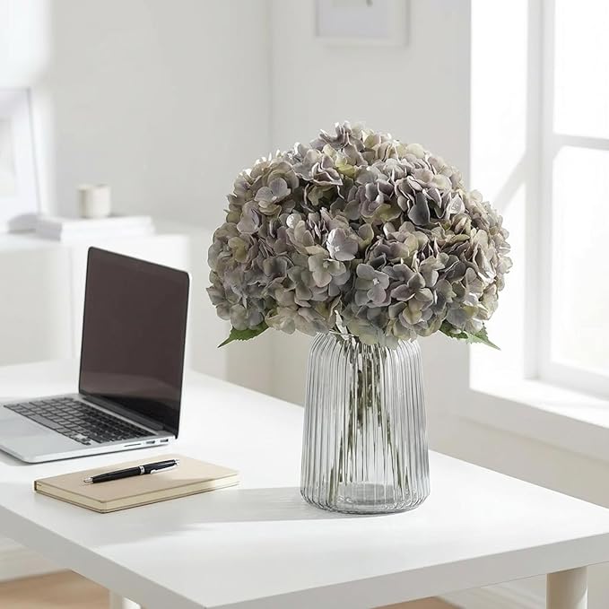 2Bouquets Artificial Fake Flowers Plants Silk Hydrangea Arrangements Wedding Bouquets Decorations Plastic Floral Home Kitchen Garden Party Festival Bar DIY (Gray Green,5 Flower Heads)
