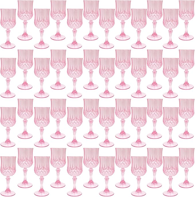 Plastic Wine Glasses, Plastic Goblets Vintage Style Cordial Unbreakable Drinking Glasses， Reusable Drinkware for Wedding Reception, Grand Event Party Supplies, Easter (48, Pink)