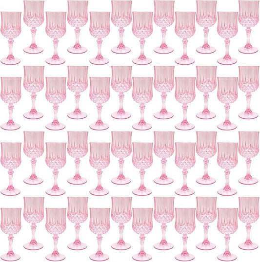 Plastic Wine Glasses, Plastic Goblets Vintage Style Cordial Unbreakable Drinking Glasses， Reusable Drinkware for Wedding Reception, Grand Event Party Supplies, Easter (48, Pink)