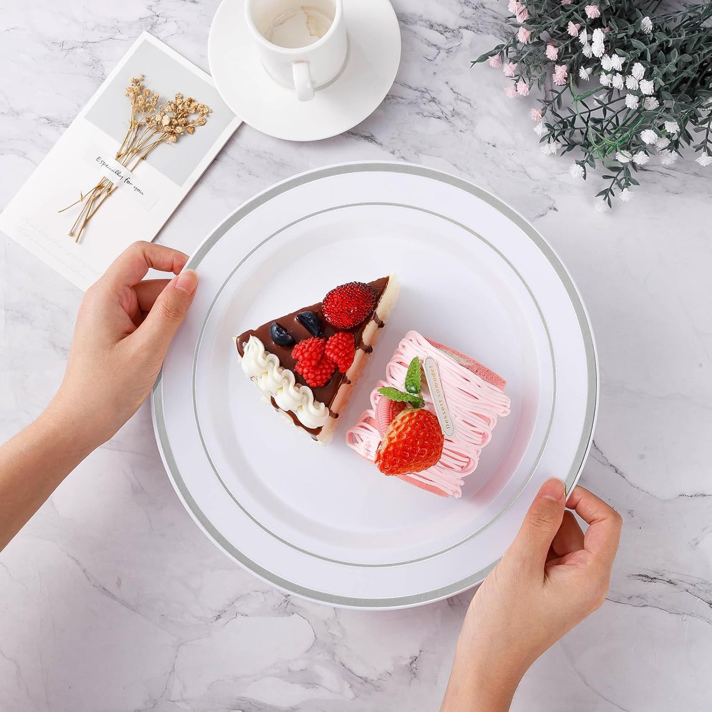 100PCS Silver Plastic Plates, Disposable Party Plates with 50 Dinner Plate and 50 Dessert Plate for Party, Wedding and Birthday