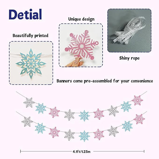 2 Pcs Silver Glitter Snowflake Banner, Snowflake Winter Party Decorations, Snowflake Garland Christmas Party Decorations (Pink)