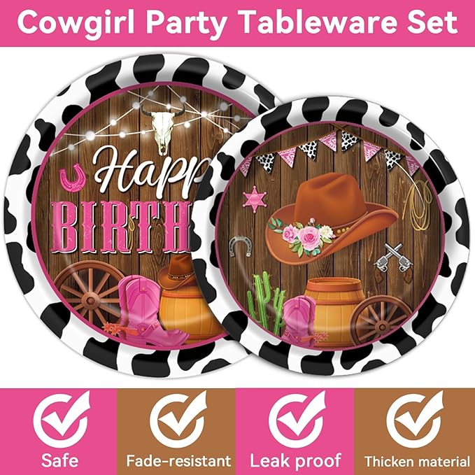 96 Pcs Cowgirl Decorations Party Supplies Western Theme Paper Plates Cow Print Party Plates Western Disposable Plates and Napkins Girl Rodeo Pink Birthday Wild West Tableware Decor for Kids Serves 24