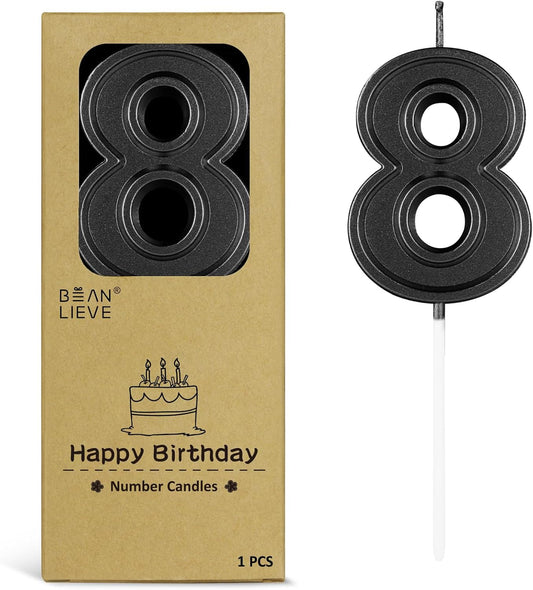 BEAN LIEVE Black Birthday Candles Number 8, Black Number Candles, Cake Number Candles for Birthday Parties and Wedding Anniversary Celebrations