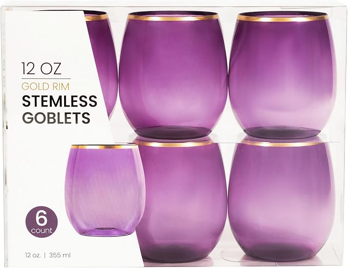 PLASTICPRO 12 Pack Purple With Gold Rim Plastic Wine Glasses Stemless Disposable 12 oz BPA Free Shatterproof Plastic Wine Cups Wine Glasses for Parties