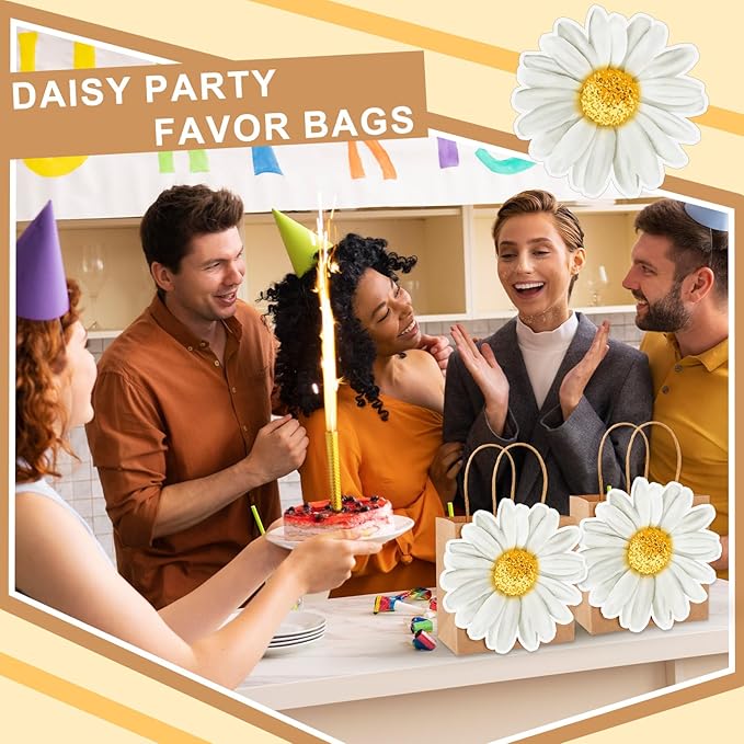 FYSUIMU 24 Pcs Daisy Kraft Paper Gift Bags with Handle Daisy Flower Party Favor Bags Cute Floral Goodie Candy Treat Bag for Spring Summer Mother's Day Wedding Birthday Bridal Shower