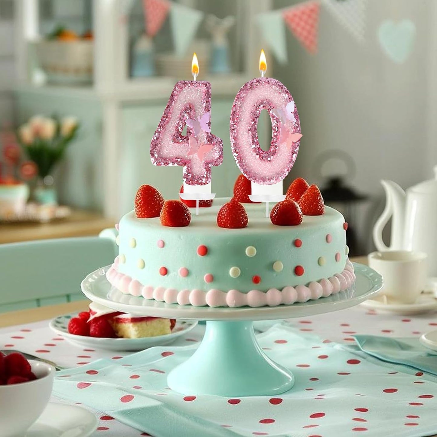 40Th Birthday Candles，Glitter Butterfly Cake Toppers Pink Sequins Wedding Numeral Cupcake Decorations，Suitable for Girl and Boy Wedding Cakes, Party Celebrations, Birthday Decorations (40)