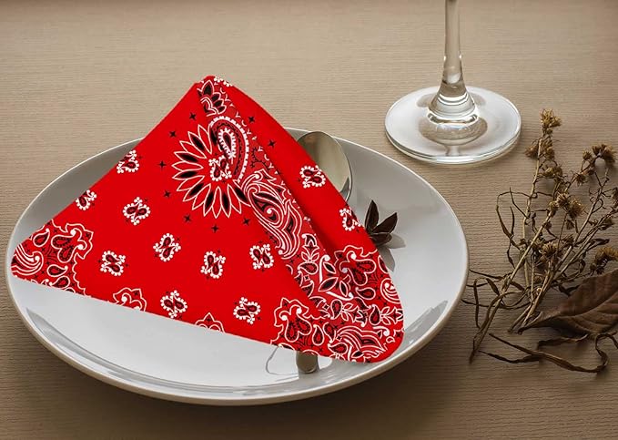 Yibeas Western Paisley Cloth Napkins Set of 4 Bandana Seamless Pattern with Red and White Ornaments Polyester Kitchen Dinner Napkins for Holiday Festive Wedding Decor 18 x 18 inch