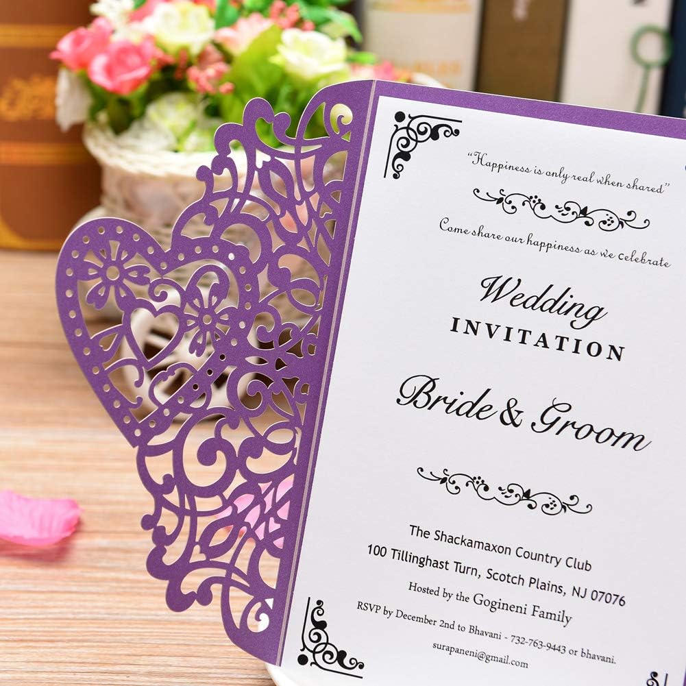 FOMTOR Laser Cut Wedding Invitations Kits 50 Packs Laser Cut Wedding Invitations with Blank Printable Cards and Envelopes for Wedding,Birthday Parties,Baby Shower Purple