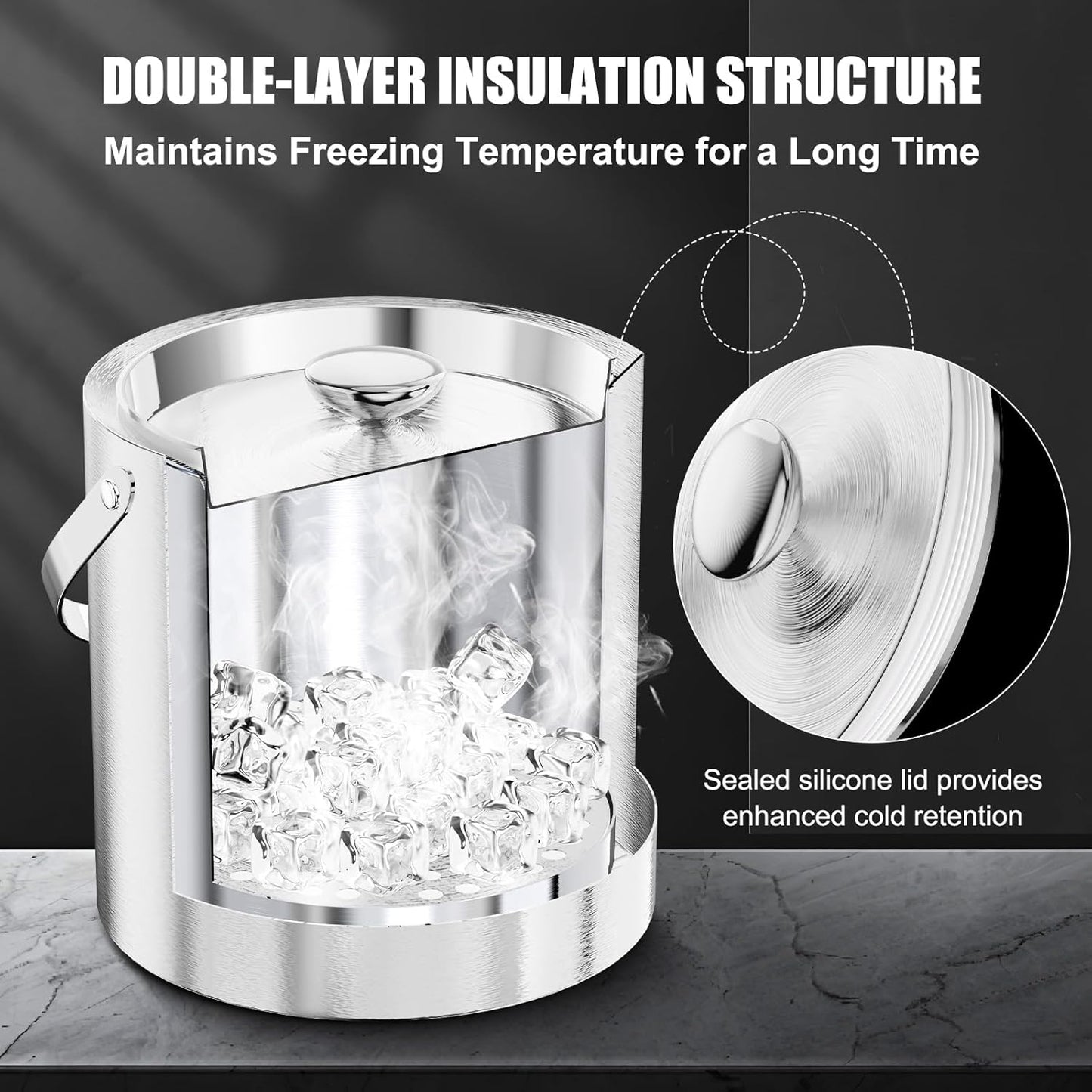 IOV Ice Bucket with Lid, Scoop, Tongs, and Strainer, 3 L Stainless Steel Double Wall Insulated Ice Bucket for Parties, Keeps Ice Frozen Longer, Ideal for Cocktail Bars, Freezers, and Wine - Silver