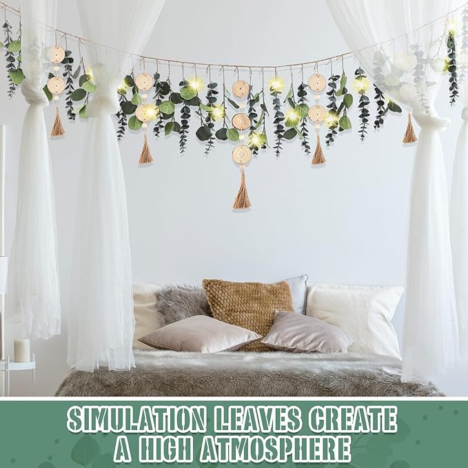Juexica Artificial Hanging Eucalyptus Wall Decor Boho Bedroom Wall Decor with LED String Light for Home Office Farmhouse Nursery Bathroom Kitchen(Wooden Bead)