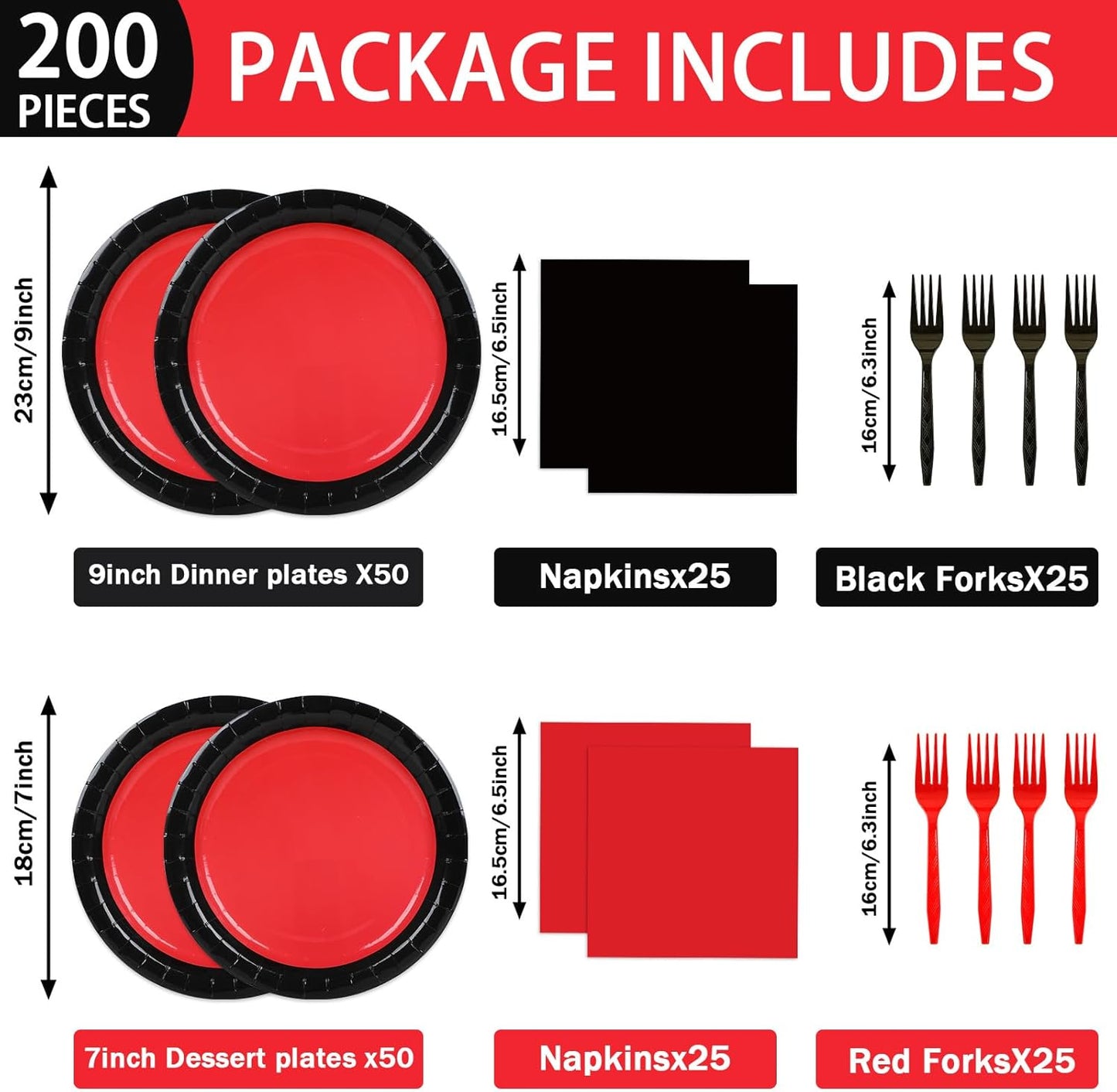 gisgfim 50 Guests Red and Black Party Supplies Decoration Black and Red Birthday Plates and Napkins Forks Red Black Disposable Tableware Red Birthday Party Paper Plates for Boys Girls Party 200PCS