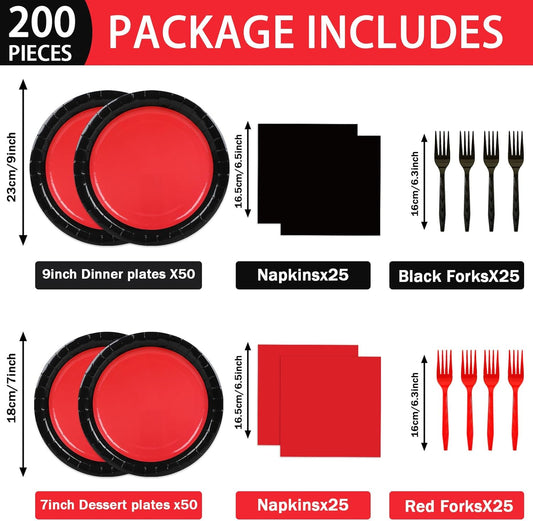 gisgfim 50 Guests Red and Black Party Supplies Decoration Black and Red Birthday Plates and Napkins Forks Red Black Disposable Tableware Red Birthday Party Paper Plates for Boys Girls Party 200PCS