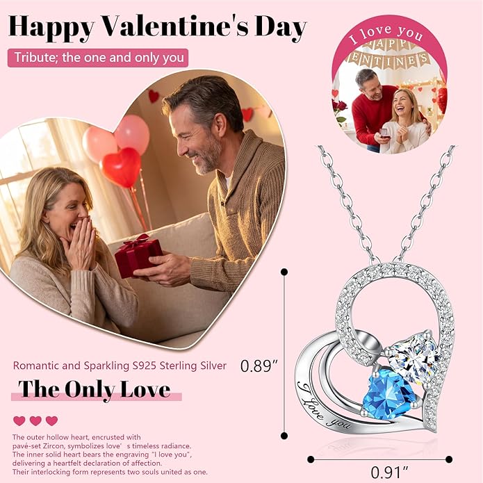 Double Birthstone Heart Necklace 0.8CT Dual-Gemstone S925 Sterling Silver Plated White Gold Engraved I Love You Perfect Anniversary/Valentine's Day Gift for Wife/Girlfriend/Mom/Daughter