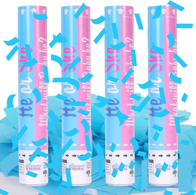 Gender Reveal Confetti Cannons - Set of 4 Blue Party Poppers for Stunning Gender Reveal Announcements, Perfect for Baby Showers and Celebrations(Non-Powder)