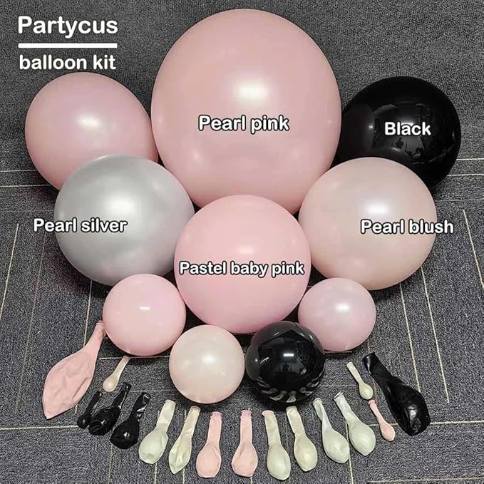Pearl Pink Black Balloon Arch Kit, Double Stuffed Pastel Baby Pink Blush Silver Balloon Garland for Baby Shower Birthday Bridal Wedding Graduation Mothers Day Women Bachelorette Party Decoration