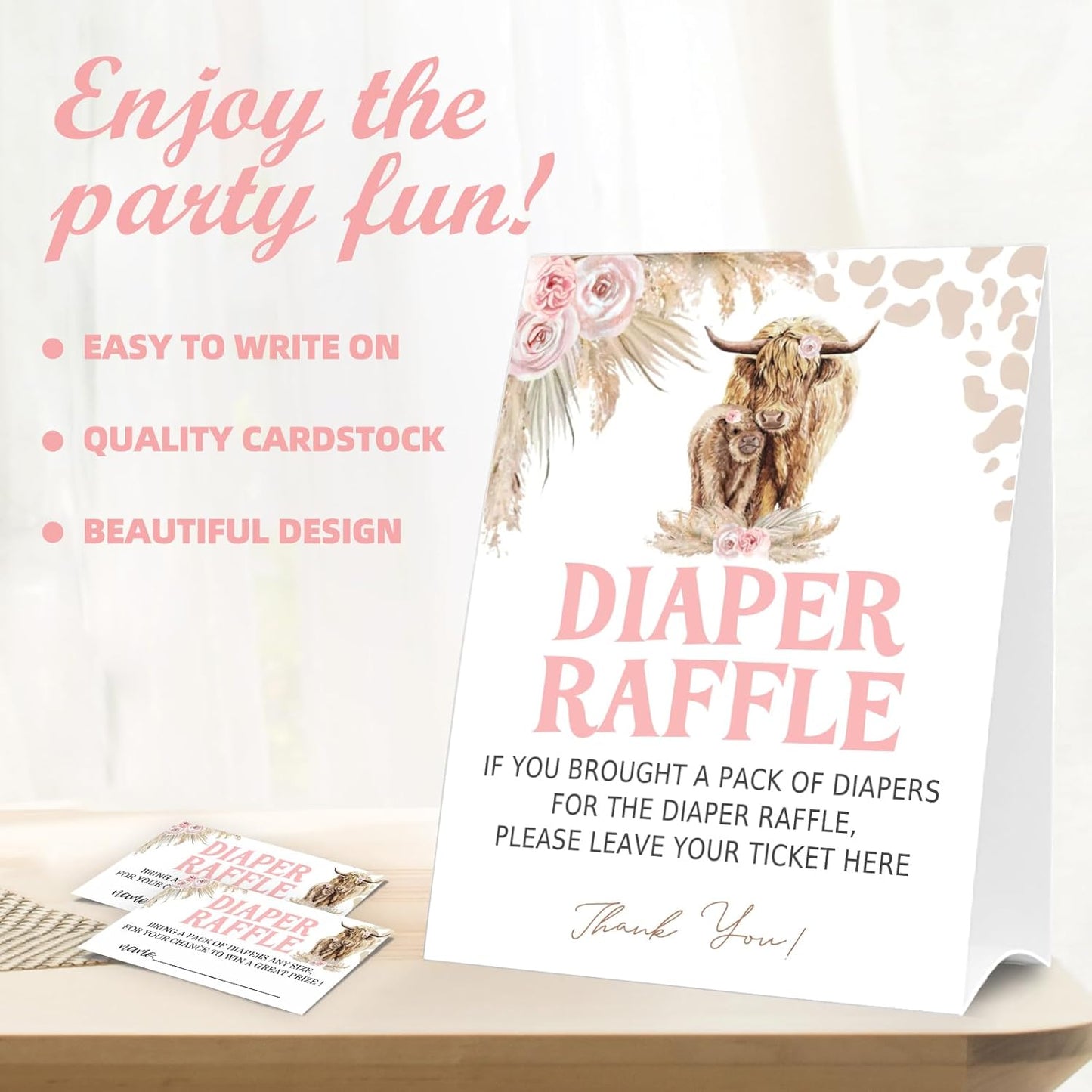 Diaper Raffle Tickets for Baby Shower Game, 1 Standing Sign & 50 Guessing Cards for Baby Shower Party Decoration, Holy Cow, Boho Pink Highland Cow