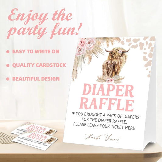 Diaper Raffle Tickets for Baby Shower Game, 1 Standing Sign & 50 Guessing Cards for Baby Shower Party Decoration, Holy Cow, Boho Pink Highland Cow