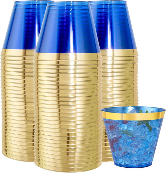 Nervure 240 PCS Blue Plastic Cups - 9Oz Gold Rimmed Plastic Cups - Heavy Duty Disposable Blue Cup with Gold Rim Perfect for Weddings, Receptions & Parties