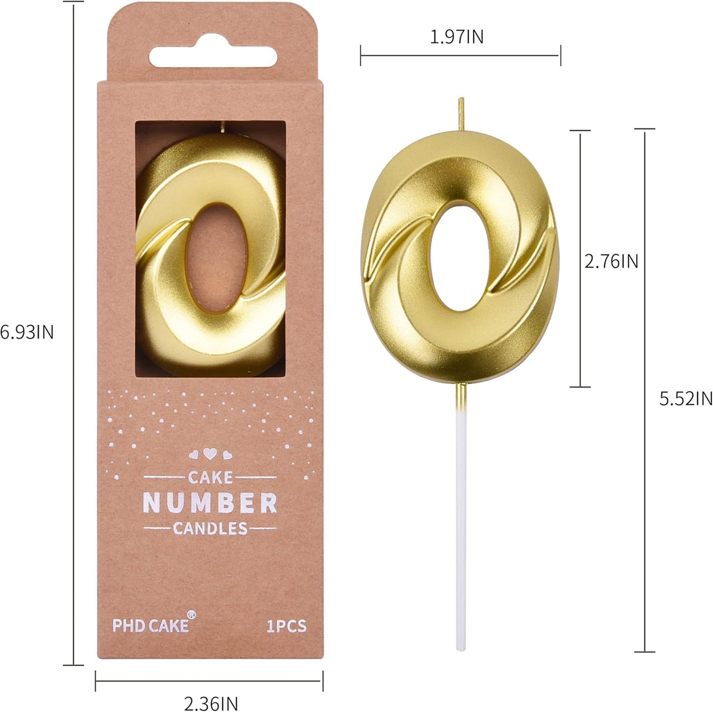 PHD CAKE 2.76 Inch Diamond Gold 0 Number Birthday Candles, Gold Number Candles, Cake Number Candles, Party Celebration