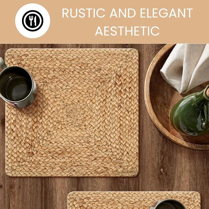 Jute Braided Placemats Set of 4-100% Jute Nonslip 14x14 inch Square Farmhouse Vintage Placemats for Dining Table - Perfect for Indoor Outdoor Natural Jute Placemats