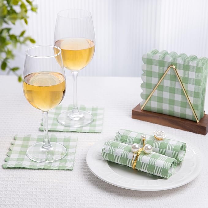 100 Pcs Sage Green Napkins Scalloped Plaid Cocktail Napkins Folded 5 x 5 Inches Disposable Napkins for Wedding Birthday Party