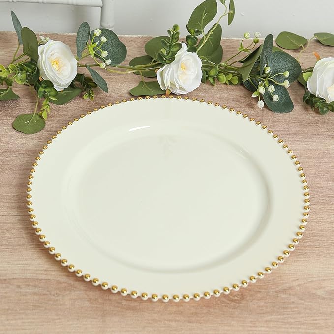 Efavormart 10-Pack Economy Plastic Charger Plates 13" Round Ivory with Gold Beaded Rim - Stylish Dinner Party Serving Plates