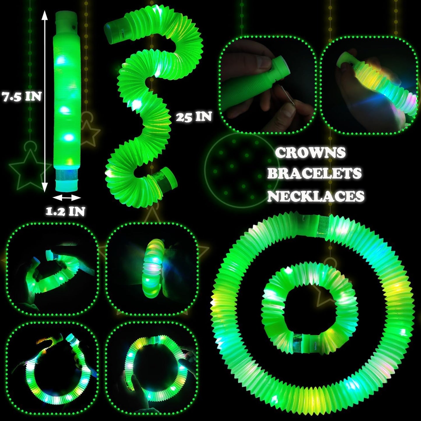 24 PCS Green Glow Sticks Christmas Party Favors for Kids, LED Light up Pop Tubes for Toddlers,Neon Necklaces Bracelets Accessories,Glow New Year Eve Party Supplies Birthday Dance Camping Decoration