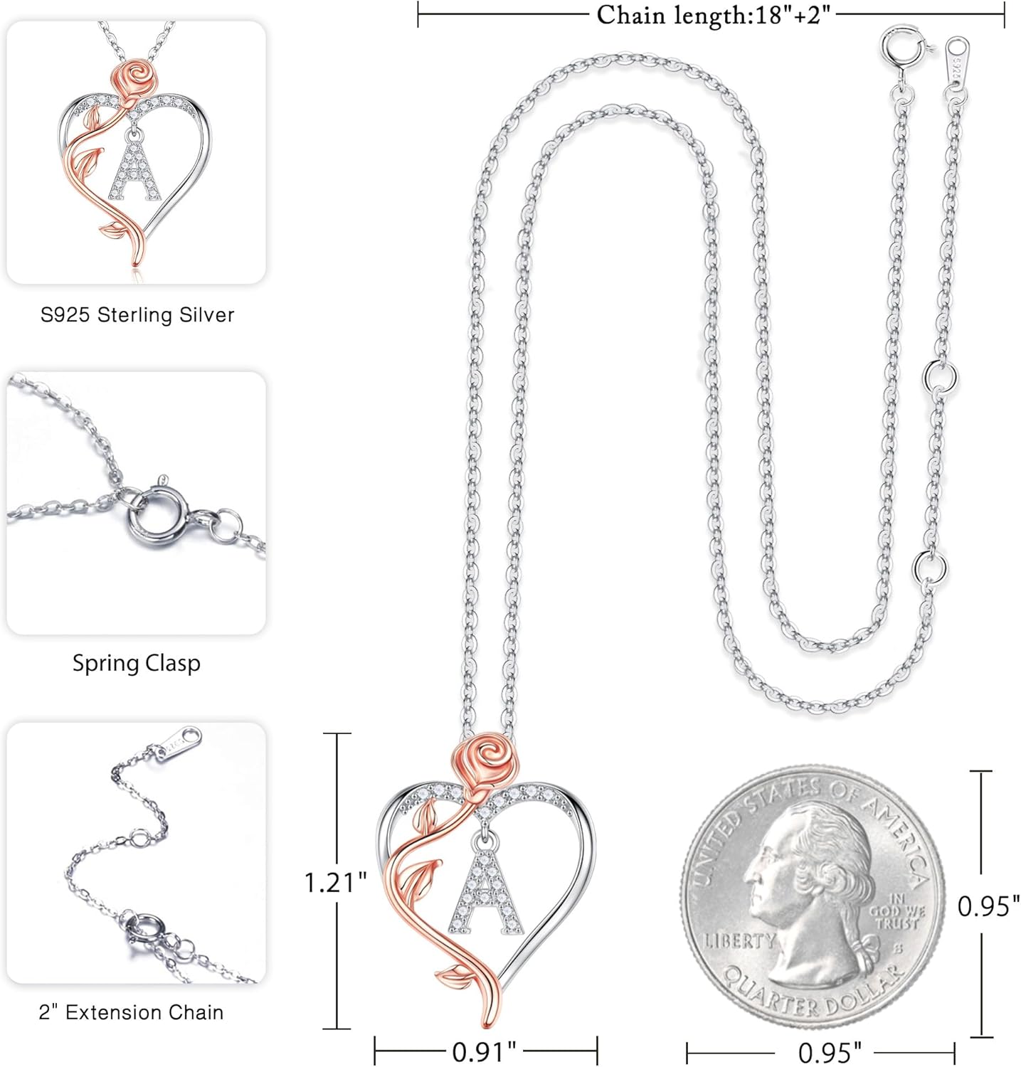 Iefil Rose Heart Necklaces Gifts for Women - 925 Sterling Silver Rose Heart Initial Necklace, Anniversary Birthday Gifts for Women, Jewelry Gift for Her Wife Girlfriend Mom Daughter