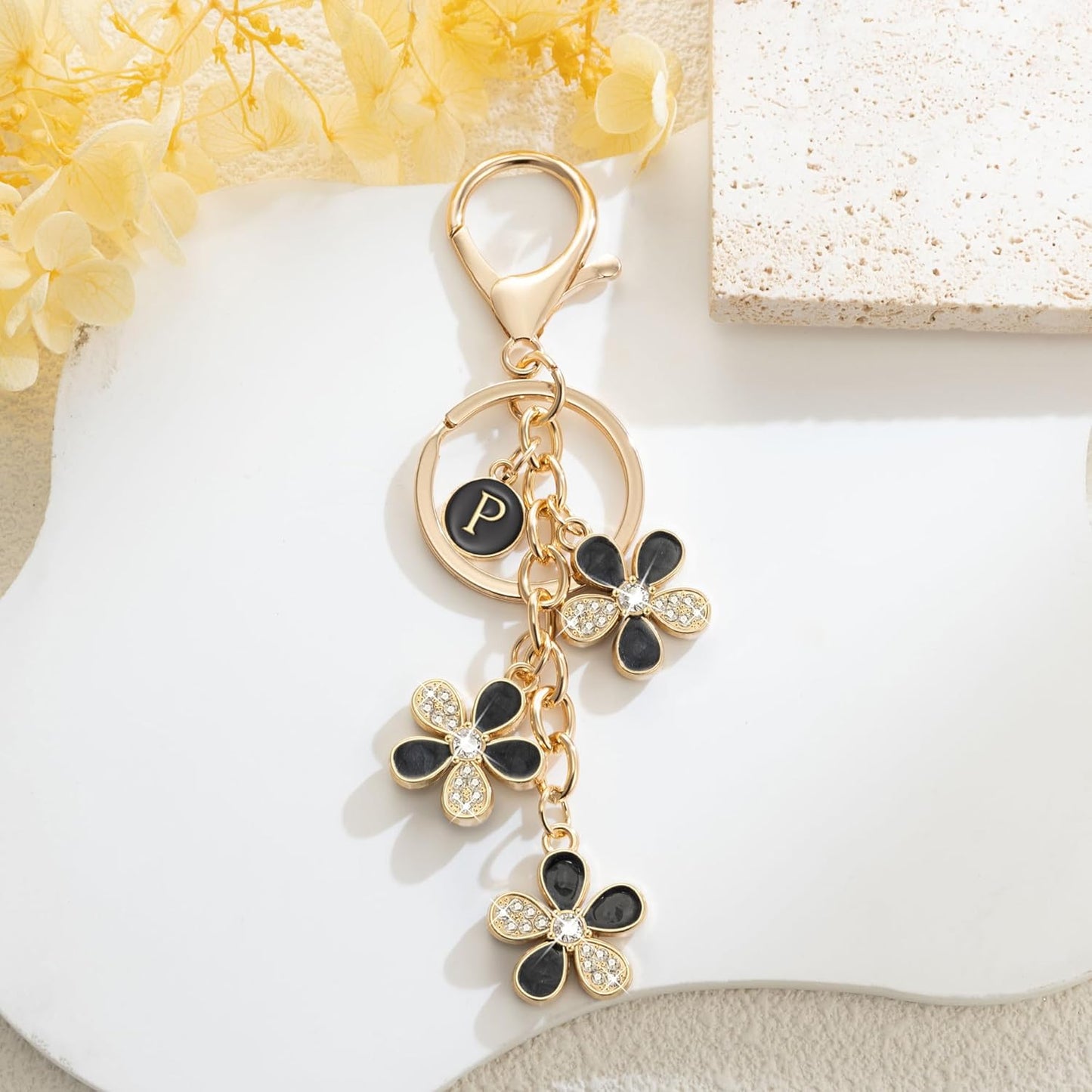 XGALBLA Cute Flower Crystals Rhinestone Initial Letter Keychain for Women, Bag Charms Bling Sparkly Enameled Keychain Handbag