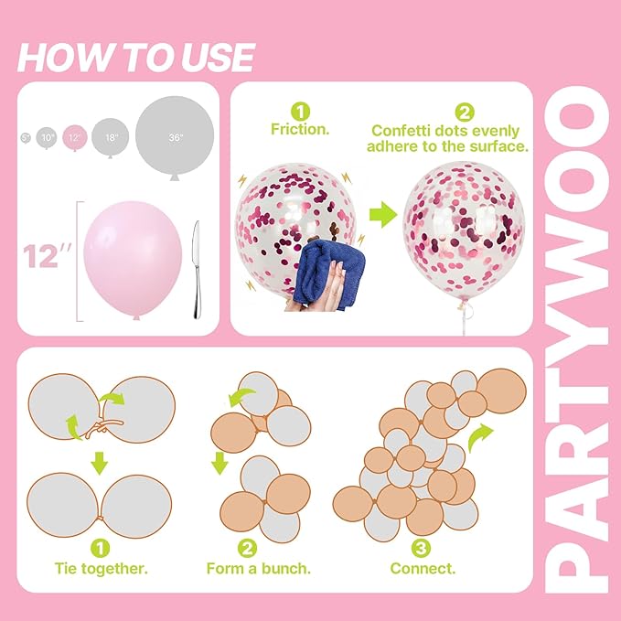 PartyWoo Pink Balloons 65pcs 12 Inch Pearl Metallic Mauve Magenta Fuchsia Hot Pink Confetti Latex Balloons for Gender Reveal Bridal Shower Baby Shower Princess Theme Birthday Party Decorations