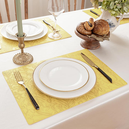 Romanstile Vinyl Placemats Set of 6-12 X 18 Inch - Heat Resistant Non-Slip Embossed Floral Place Mats 100% Waterproof Oilproof Wipeable Faux Leather Table Mats for Kitchen/Dining/Party, Yellow