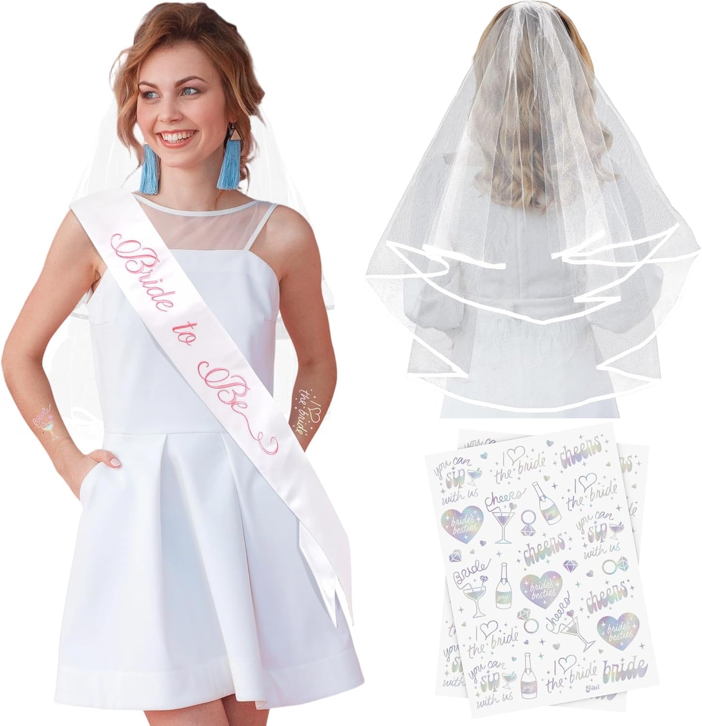 Elegant Bride to Be Sash Set – Embroidered Sash, Plain Veil & Temporary Tattoos – Bridal Shower Hen Night Bachelorette Party Accessories