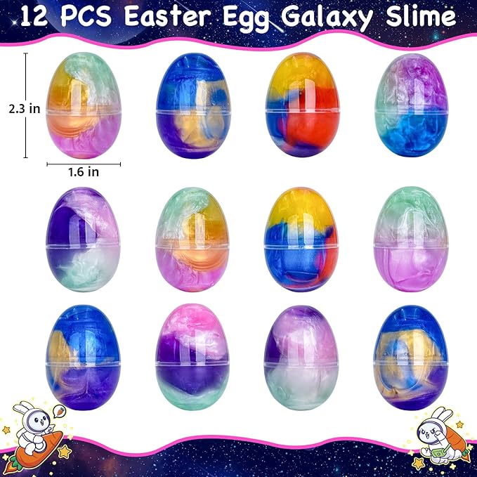 12 Pack Prefilled Easter Galaxy Slime Eggs,Galaxy Slime Easter Egg Fillers Stress Relief for Kid Teens Boy Girl Easter Egg Hunt Filling Treats Classroom Easter Basket Stuffers Easter Party Favor